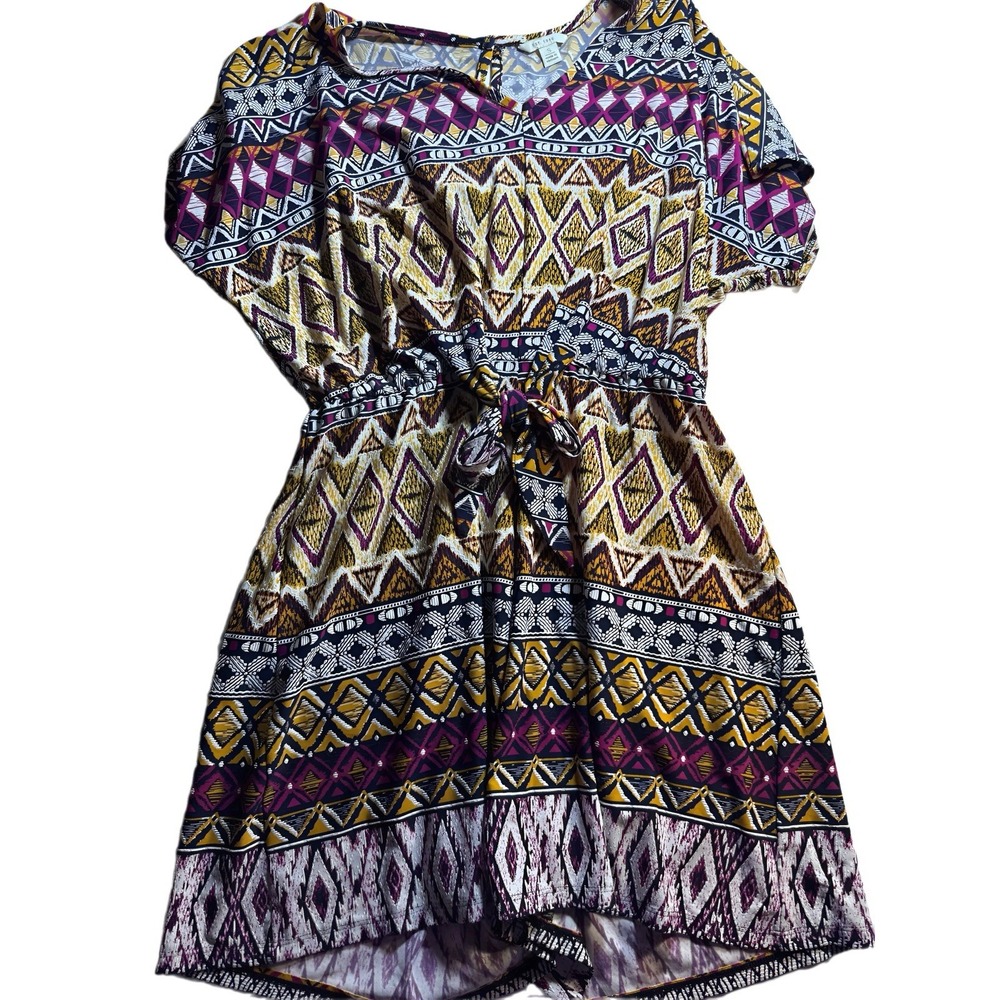 Est. 1946 Romper Small S Purple Yellow Geometric Tribal Print V-Neck Tie Waist